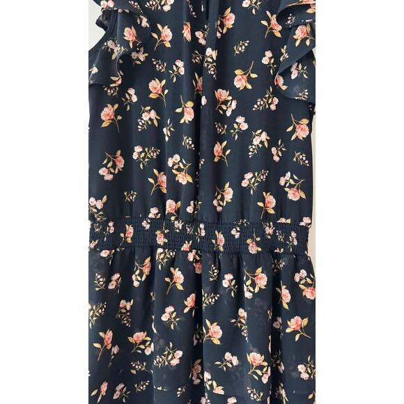 1.STATE Navy Floral Ruffle Mini Dress XS Smocked Waist Layered Hem - Picture 12 of 13